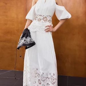 Solid Hollow Out Square Neck Falling Shoulder Sleeves Top High Waist Skirt Sets