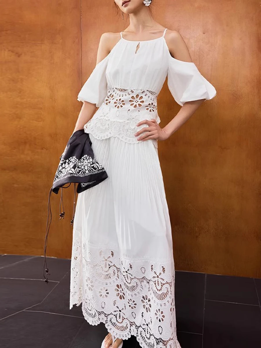 Solid Hollow Out Square Neck Falling Shoulder Sleeves Top High Waist Skirt Sets