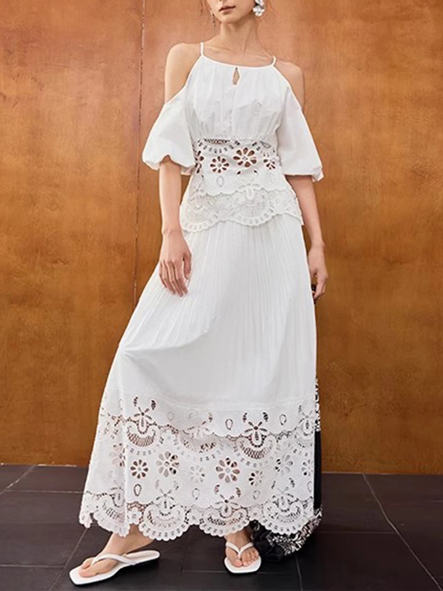 Solid Hollow Out Square Neck Falling Shoulder Sleeves Top High Waist Skirt Sets - Image 2