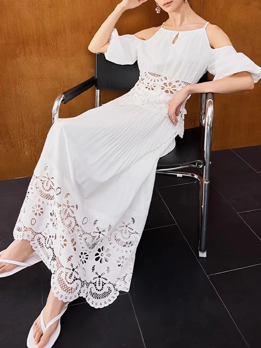 Solid Hollow Out Square Neck Falling Shoulder Sleeves Top High Waist Skirt Sets - Image 3