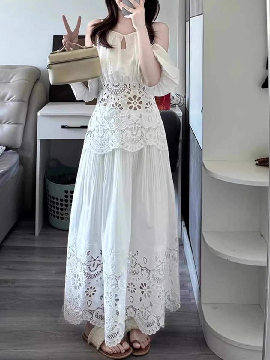 Solid Hollow Out Square Neck Falling Shoulder Sleeves Top High Waist Skirt Sets - Image 4