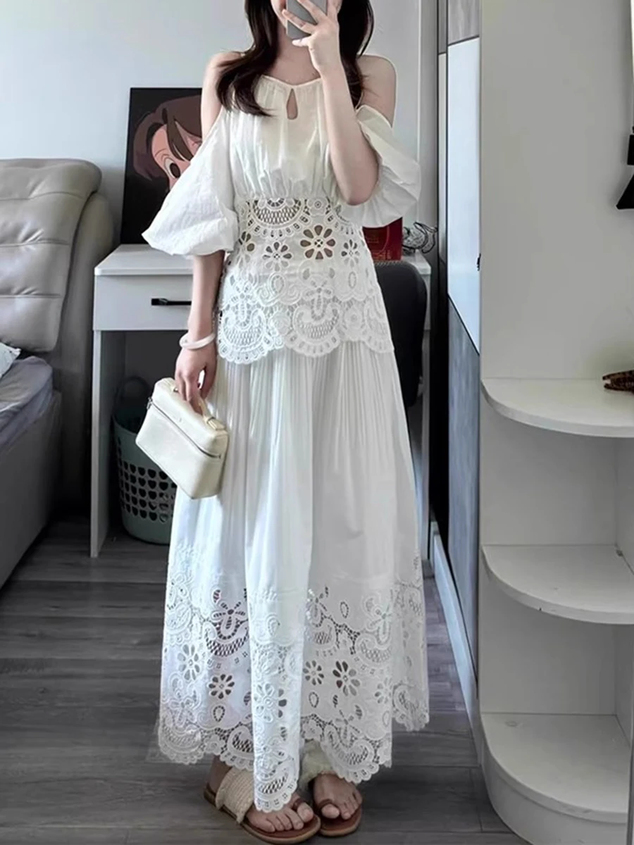 Solid Hollow Out Square Neck Falling Shoulder Sleeves Top High Waist Skirt Sets - Image 5