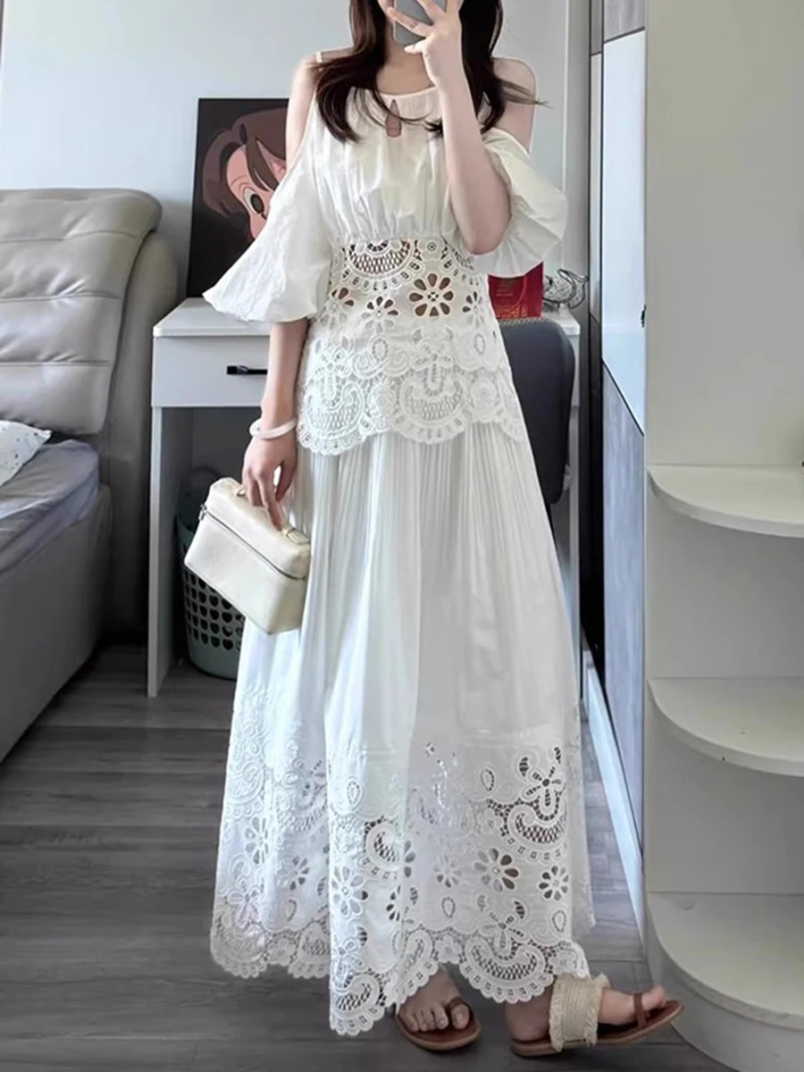 Solid Hollow Out Square Neck Falling Shoulder Sleeves Top High Waist Skirt Sets - Image 6