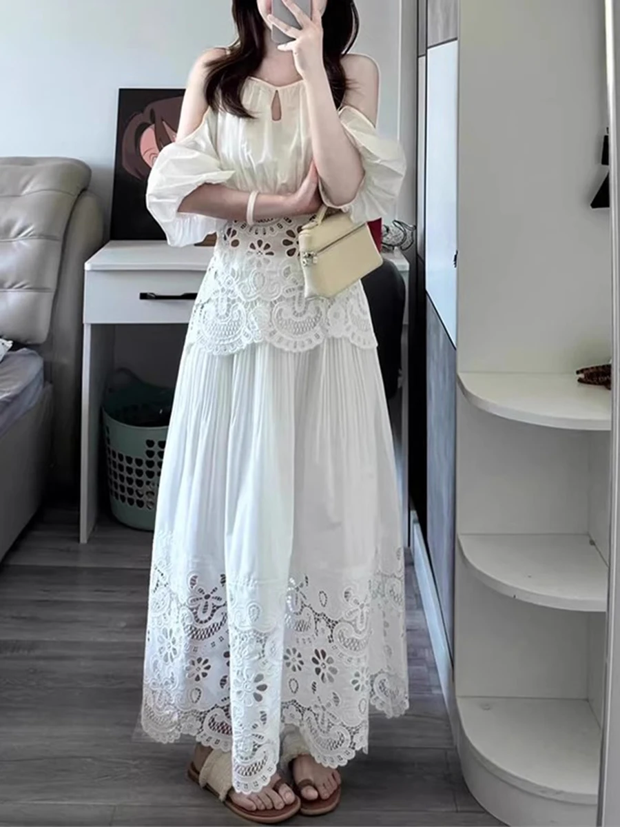 Solid Hollow Out Square Neck Falling Shoulder Sleeves Top High Waist Skirt Sets - Image 7