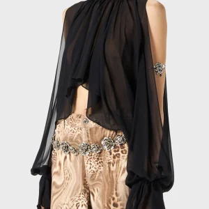 Solid Irregular High Neck Drop Sleeves Spliced Flods Temperament Shirt