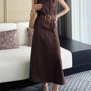 Solid Spliced Belt Slimming Sleeveless High Waist Temperament Long Dress