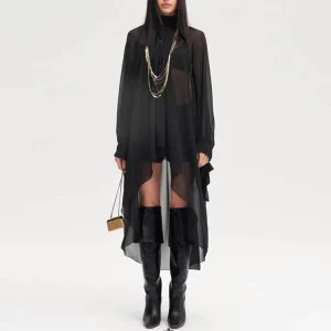 Casual Solid Spliced Folds Neck Long Sleeve Irregular Loose Blouses Shirts