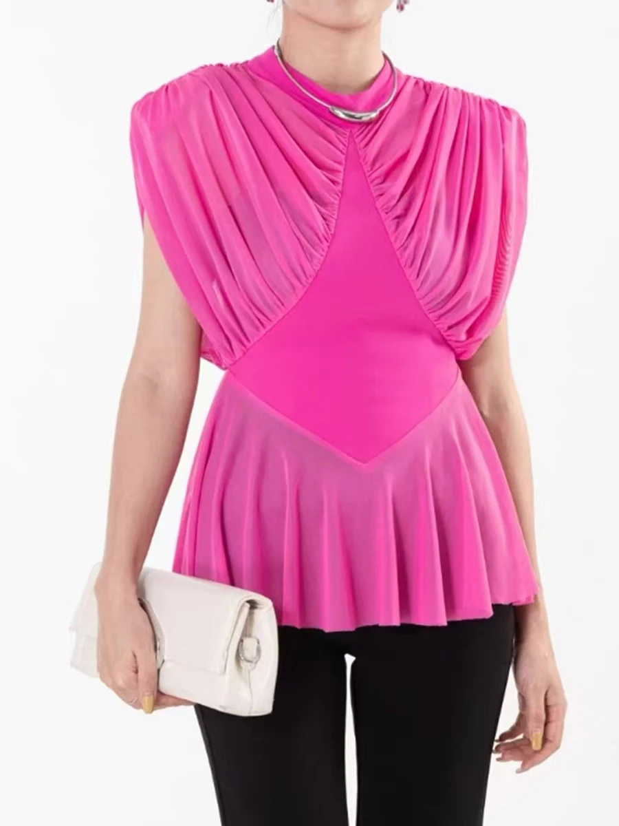 Solid Spliced Folds O Neck Sleeveless Tunic Temperament Blouses Shirts - Image 2