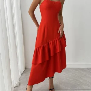 Solid Spliced Ruffles Square Neck Sleeveless High Waist Temperament Dress