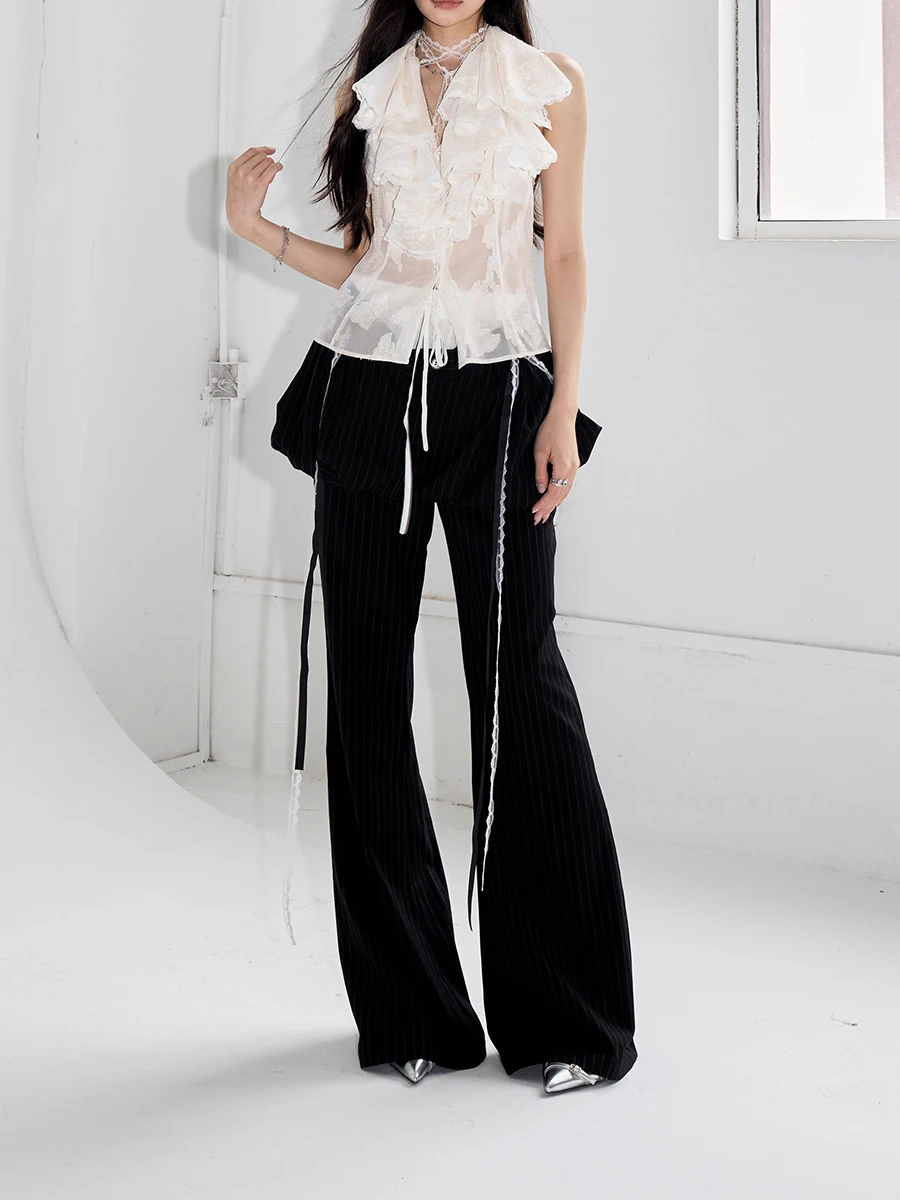 Solid Spliced Ruffles V Neck Sleeveless Tunic Temperament Minimalist Vests Top - Image 4