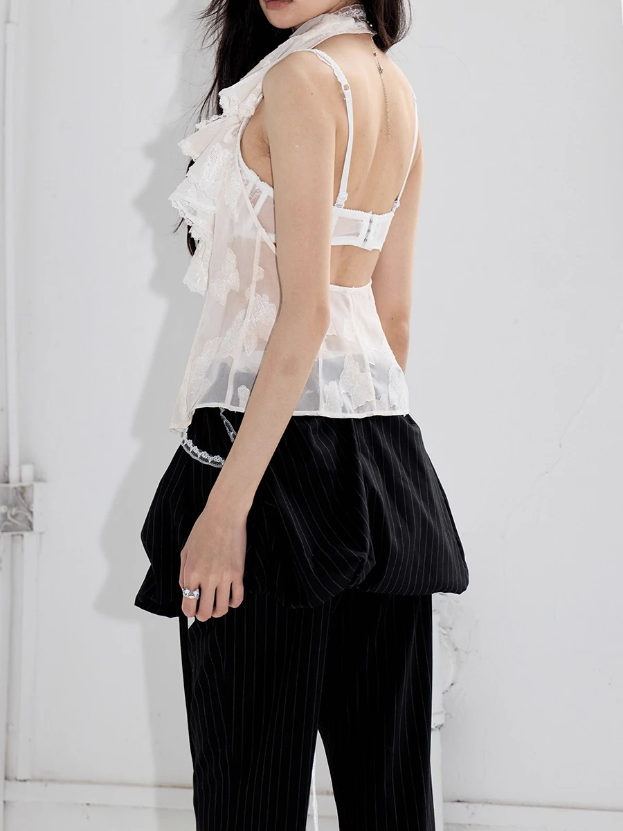 Solid Spliced Ruffles V Neck Sleeveless Tunic Temperament Minimalist Vests Top - Image 5