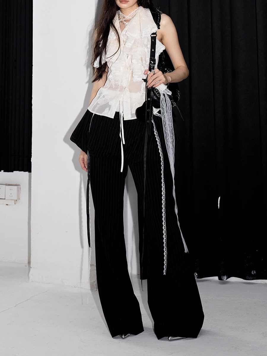 Solid Spliced Ruffles V Neck Sleeveless Tunic Temperament Minimalist Vests Top - Image 2