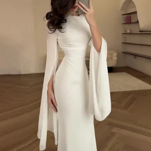 Solid Spliced Satin O Neck Slim Hip Long Batwing Sleeve Hollow Evening Bodycon Dress