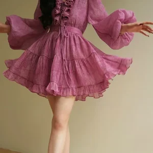 Solid Two Piece Set V Neck Long Sleeve Top High Waist Temperamment Skirt Elegant Sets