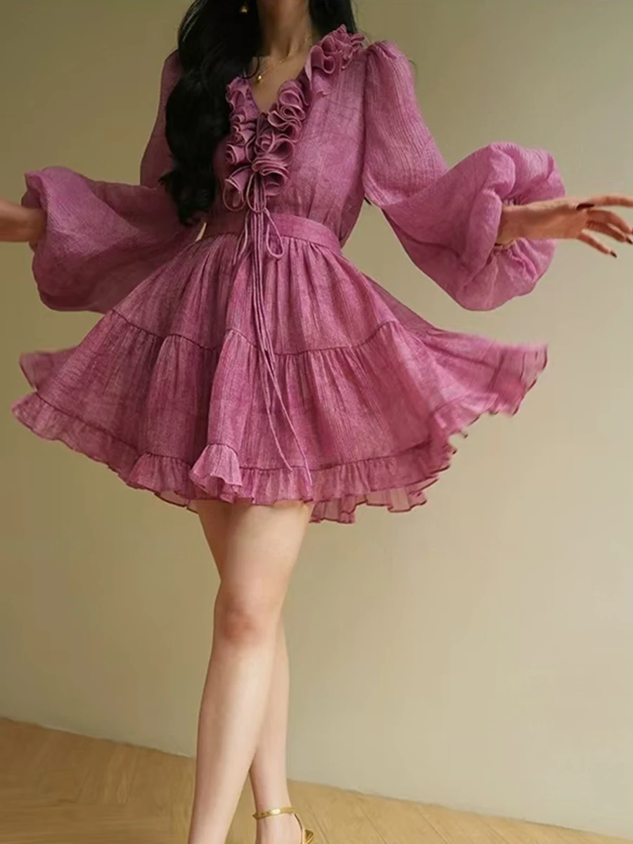 Solid Two Piece Set V Neck Long Sleeve Top High Waist Temperamment Skirt Elegant Sets