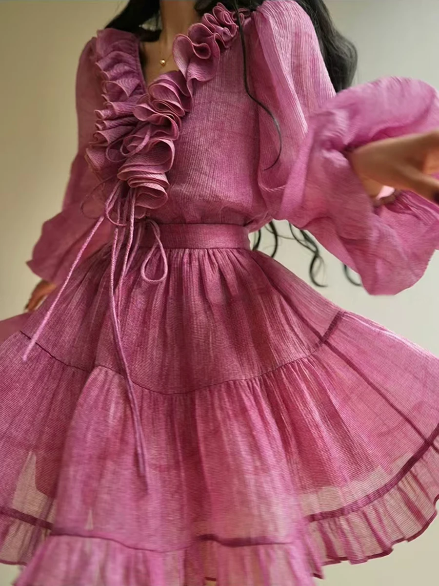 Solid Two Piece Set V Neck Long Sleeve Top High Waist Temperamment Skirt Elegant Sets - Image 2