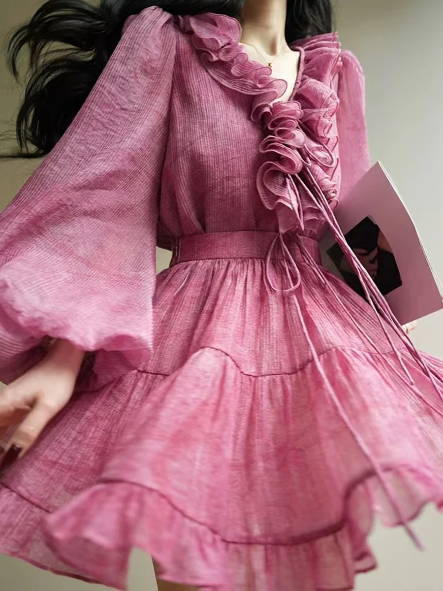 Solid Two Piece Set V Neck Long Sleeve Top High Waist Temperamment Skirt Elegant Sets - Image 3