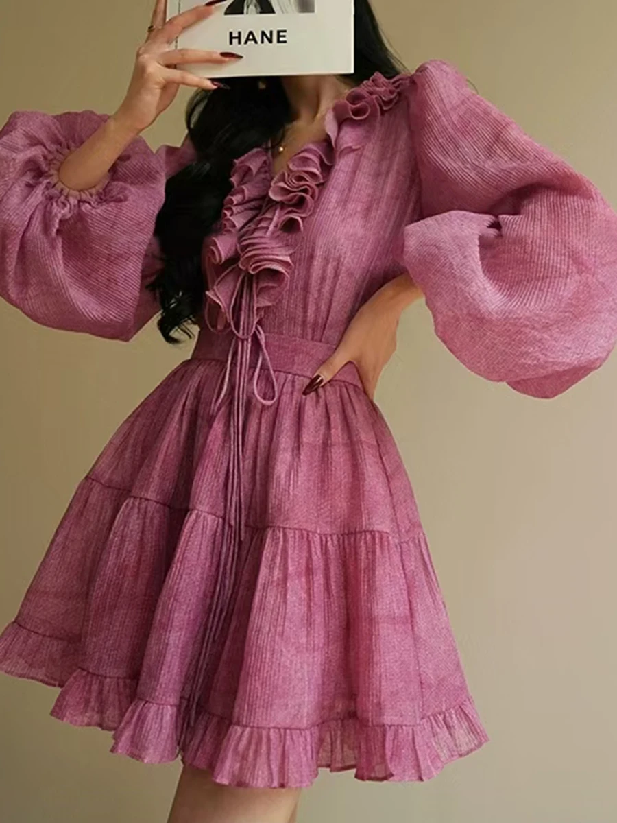 Solid Two Piece Set V Neck Long Sleeve Top High Waist Temperamment Skirt Elegant Sets - Image 4