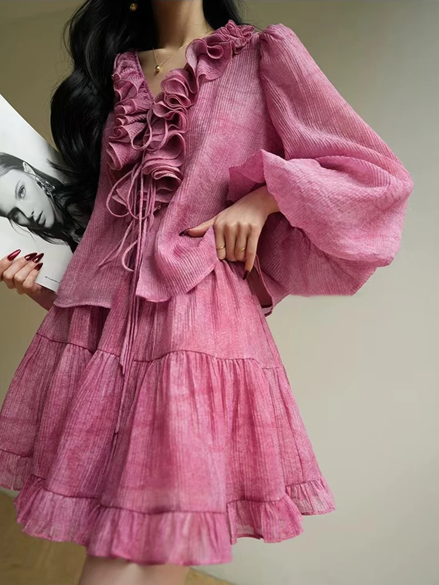 Solid Two Piece Set V Neck Long Sleeve Top High Waist Temperamment Skirt Elegant Sets - Image 5