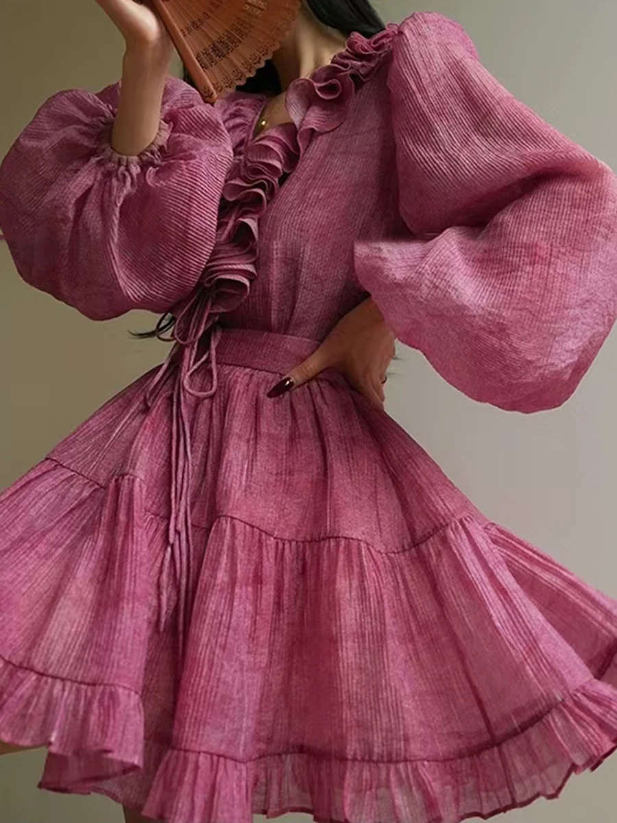 Solid Two Piece Set V Neck Long Sleeve Top High Waist Temperamment Skirt Elegant Sets - Image 6