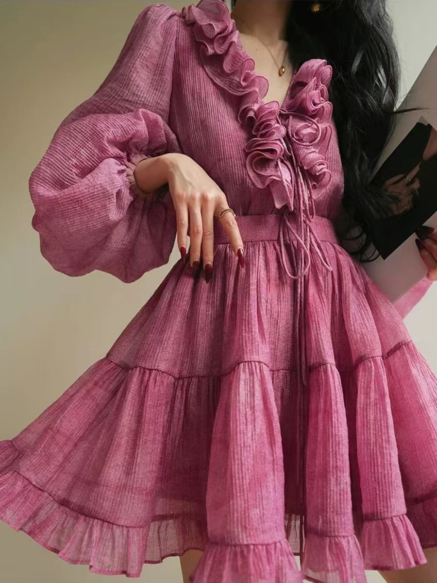 Solid Two Piece Set V Neck Long Sleeve Top High Waist Temperamment Skirt Elegant Sets - Image 7