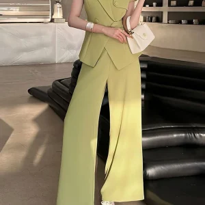 Solid V Neck Short Sleeve Tunic Top High Waist Pant Two Piece Set