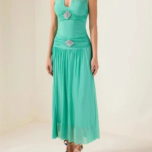 Solid V Neck Sleeveless High Waist Temperament Long Dress