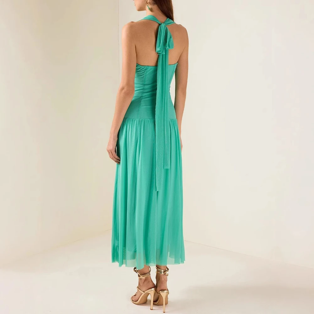 Solid V Neck Sleeveless High Waist Temperament Long Dress - Image 3