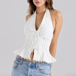 Solid V Neck Sleeveless Tunic Temperament Spliced Lace Up Top