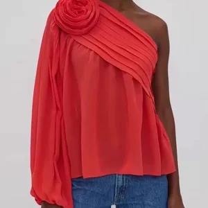 Spliced Appliques Slanted Collar Single Shoulder Sleeves Blouses Shirts