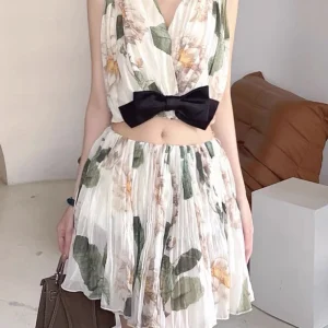 Spliced Bowknot V Neck Sleeveless High Waist Temperament Dress