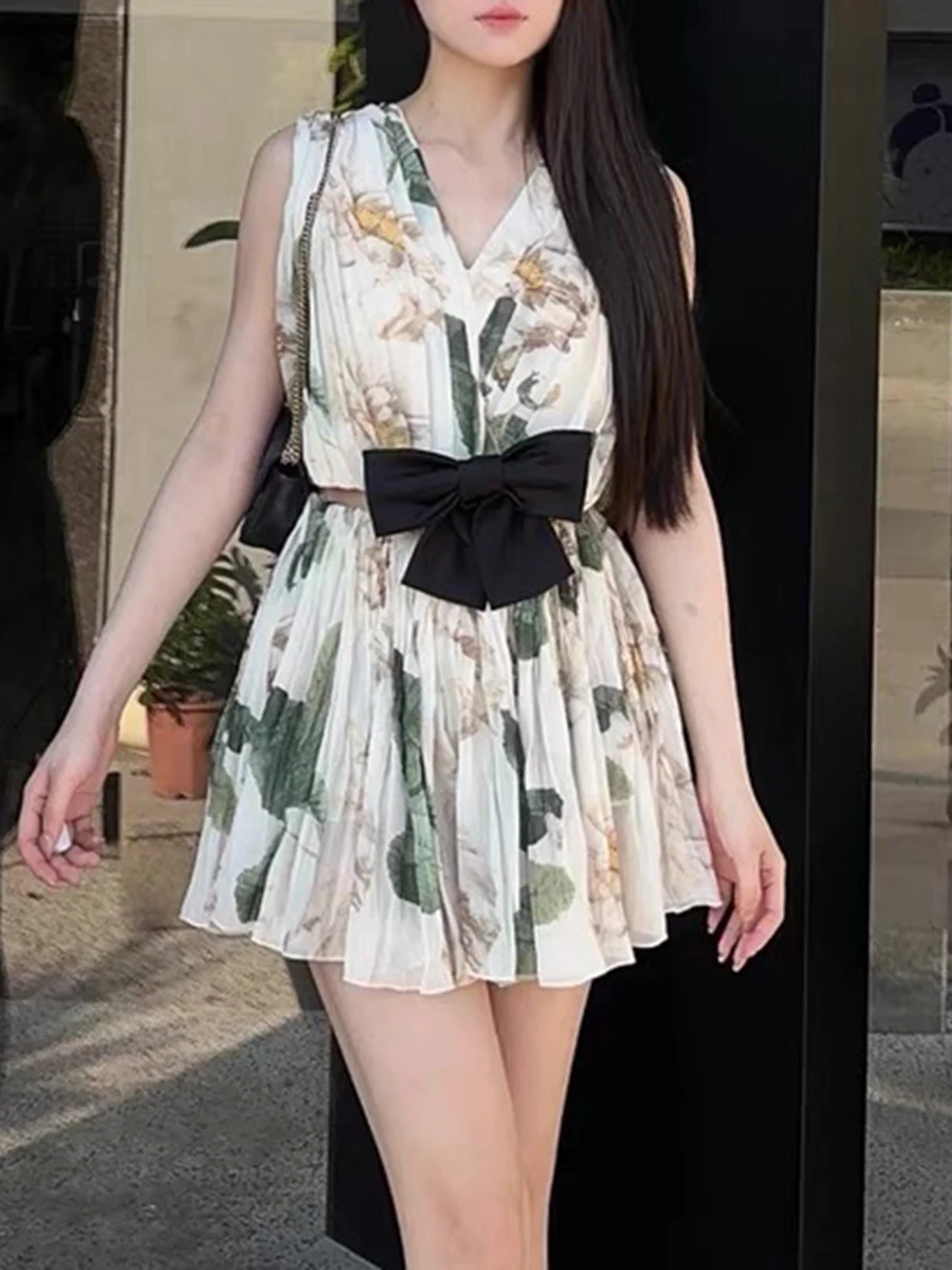 Spliced Bowknot V Neck Sleeveless High Waist Temperament Dress - Image 2