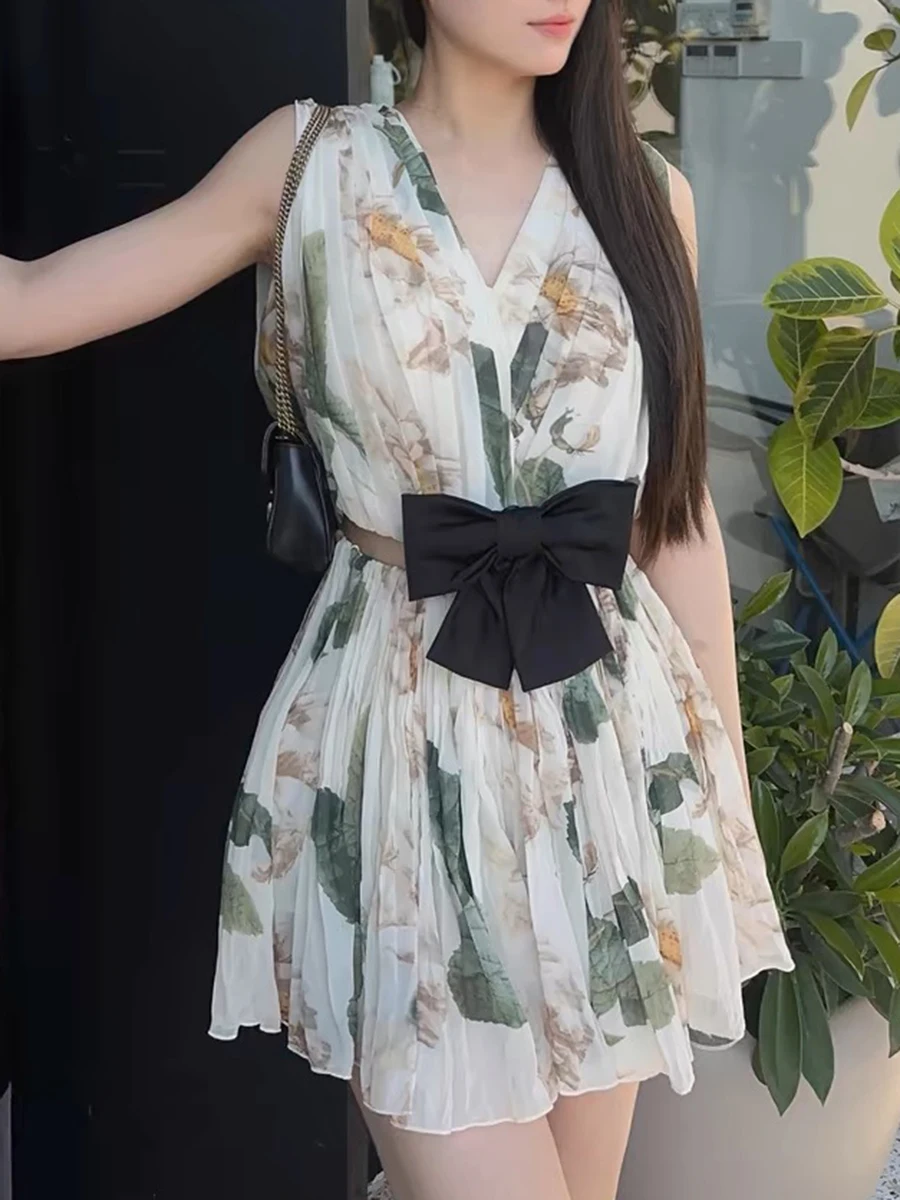 Spliced Bowknot V Neck Sleeveless High Waist Temperament Dress - Image 3