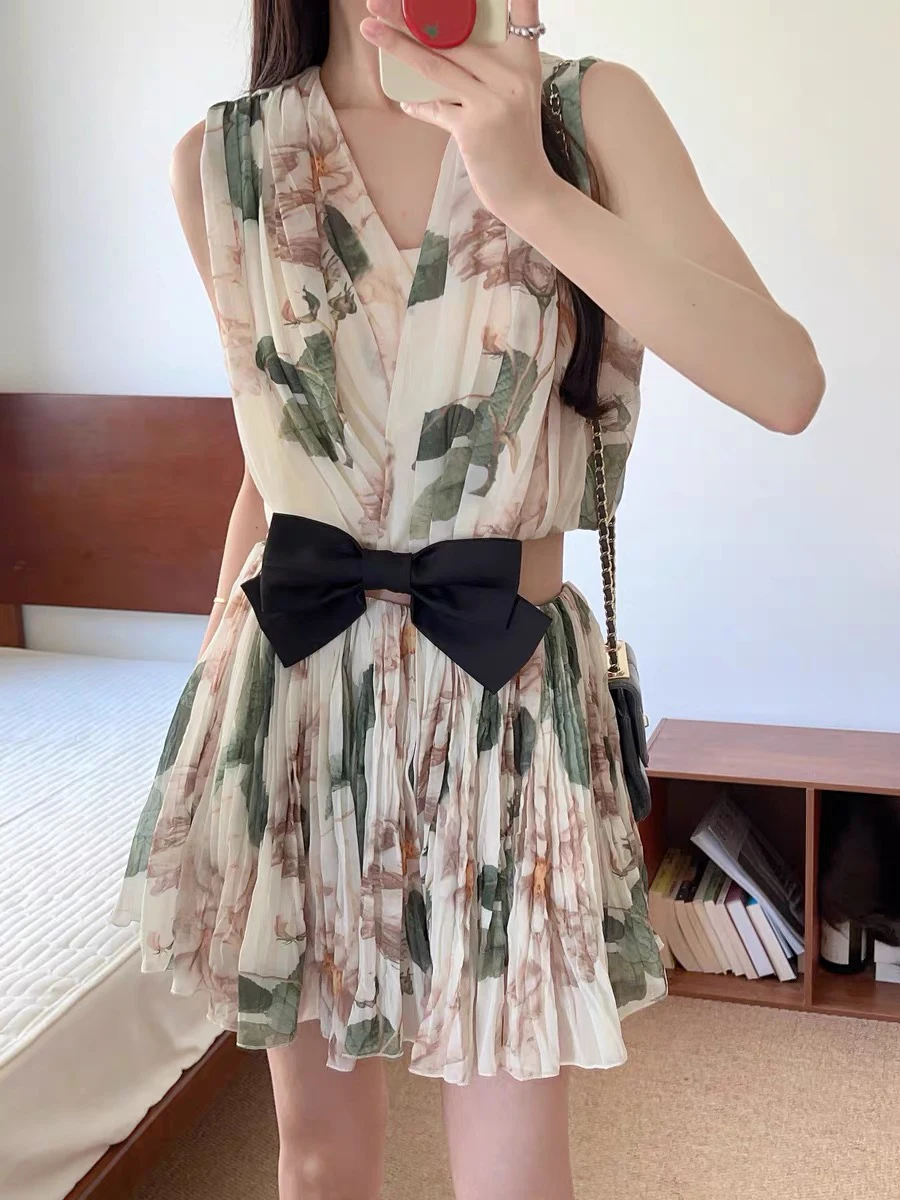 Spliced Bowknot V Neck Sleeveless High Waist Temperament Dress - Image 4