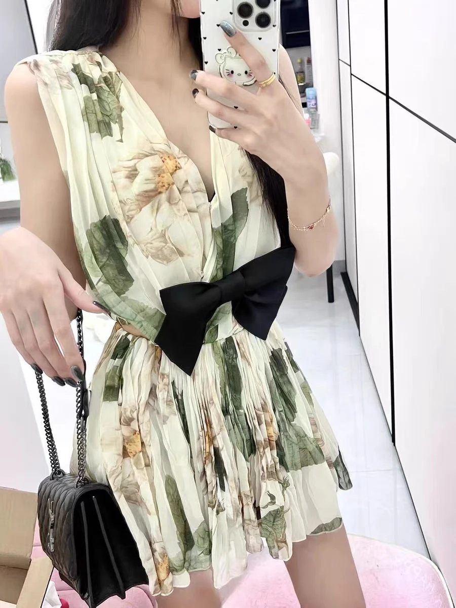 Spliced Bowknot V Neck Sleeveless High Waist Temperament Dress - Image 5