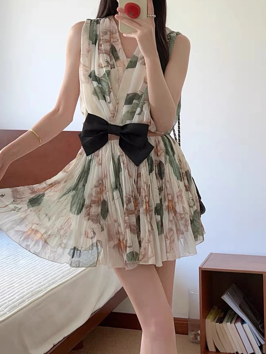 Spliced Bowknot V Neck Sleeveless High Waist Temperament Dress - Image 6