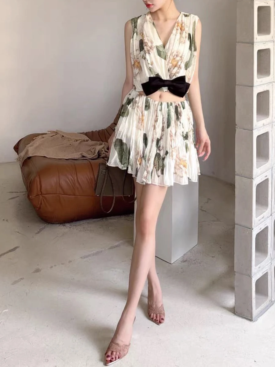 Spliced Bowknot V Neck Sleeveless High Waist Temperament Dress - Image 8