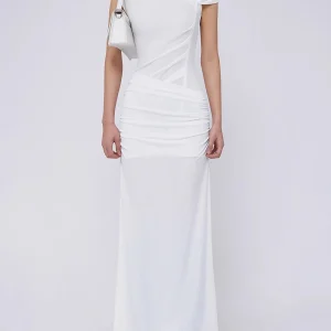 Spliced Folds Diagonal Collar Sleeveless High Waist Temperament Long Dress