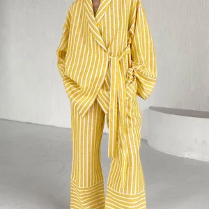 Spliced Lace Up Two Piece Set Lapel Long Sleeve Top High Waist Pants Loose Sets