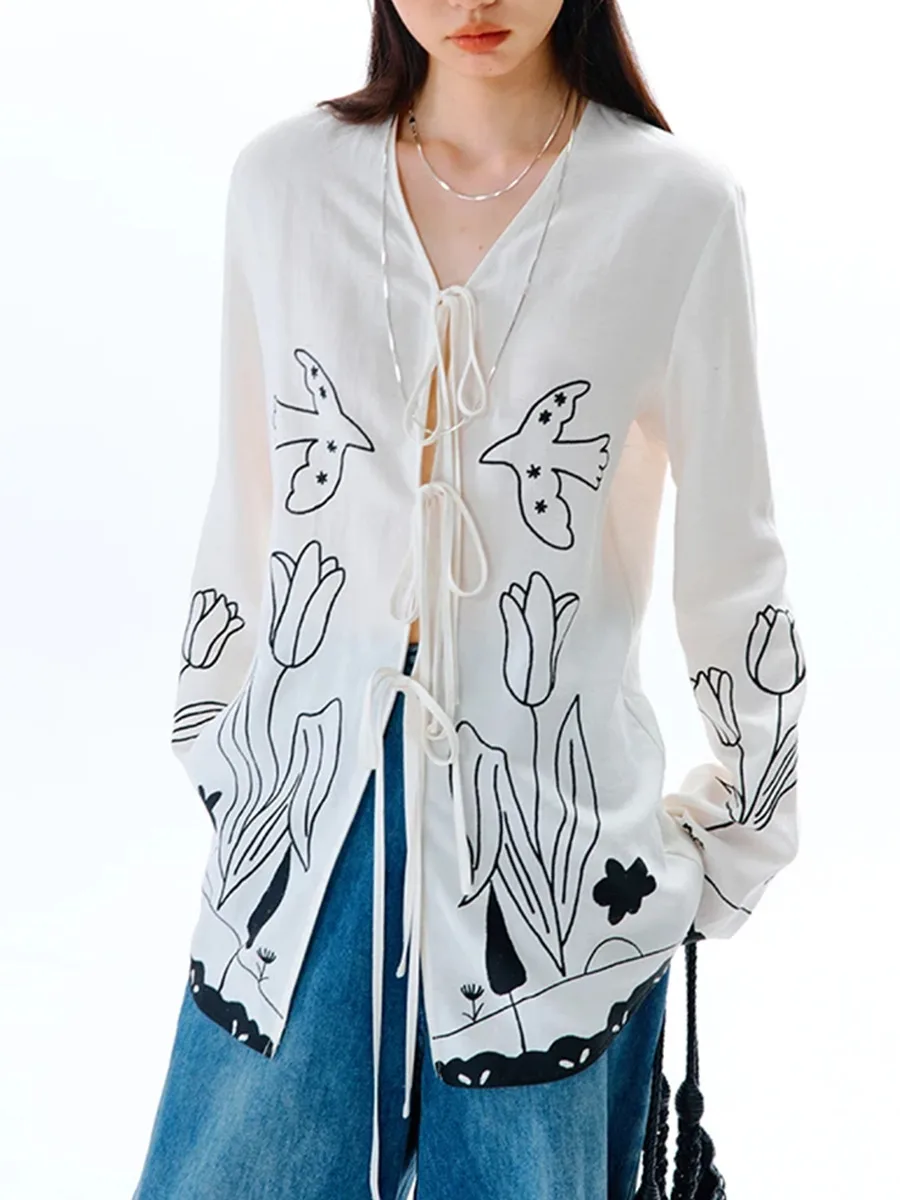 Spliced Lace V Neck Long Sleeve Tunic Temperament Shirts - Image 2