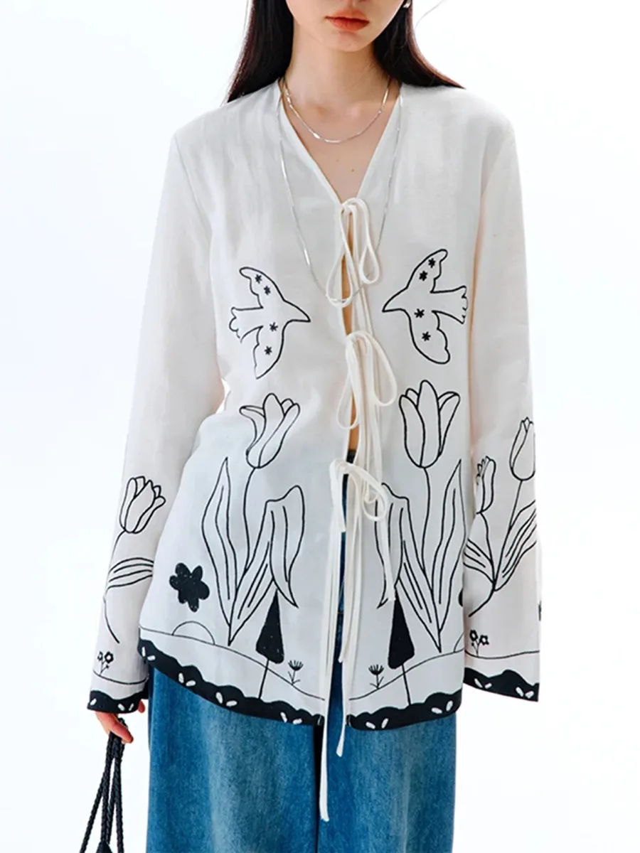 Spliced Lace V Neck Long Sleeve Tunic Temperament Shirts