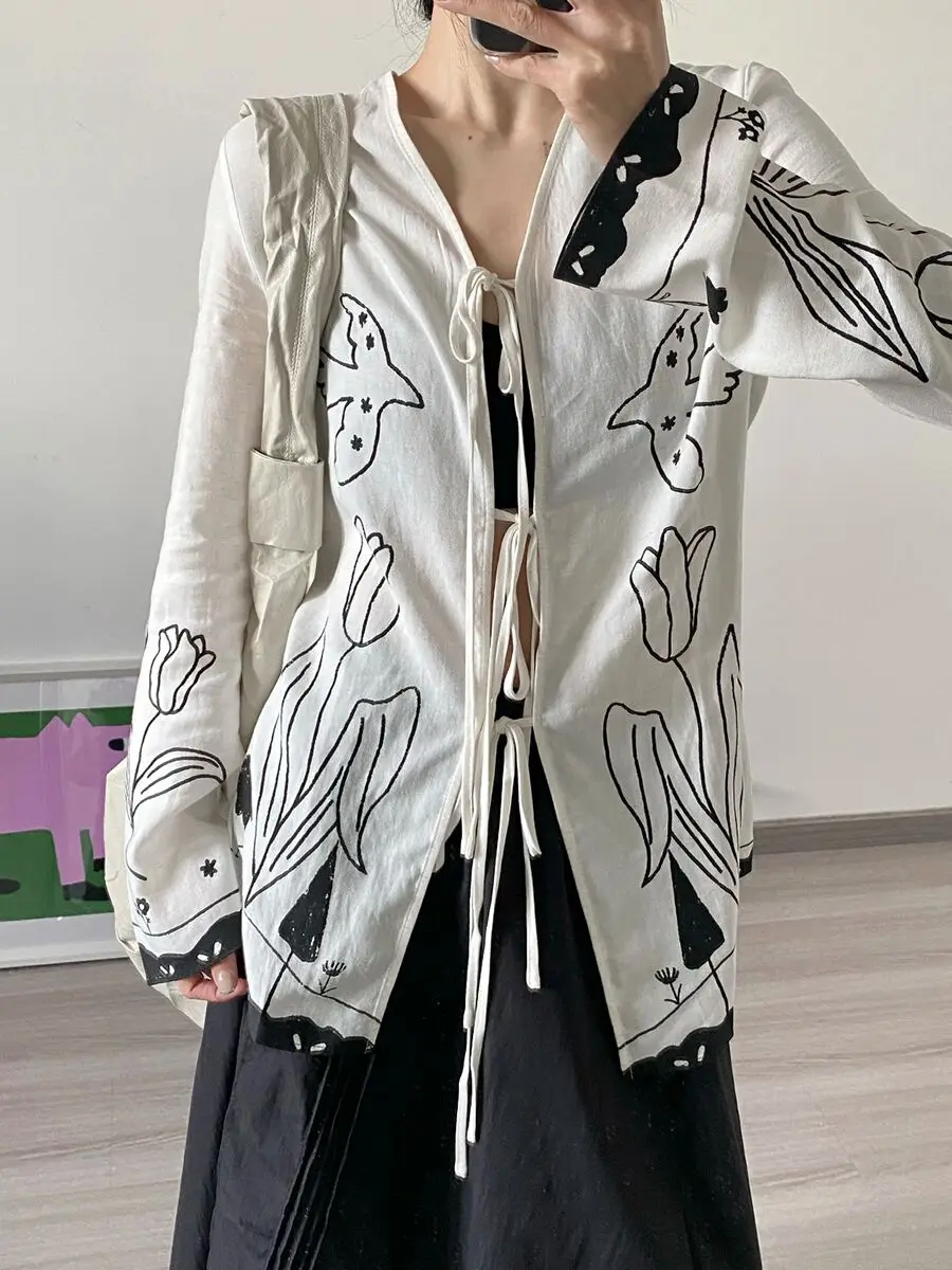 Spliced Lace V Neck Long Sleeve Tunic Temperament Shirts - Image 3