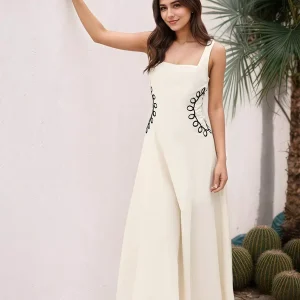 Elegant Square Neckline And Black Embroidery Maxi Dress