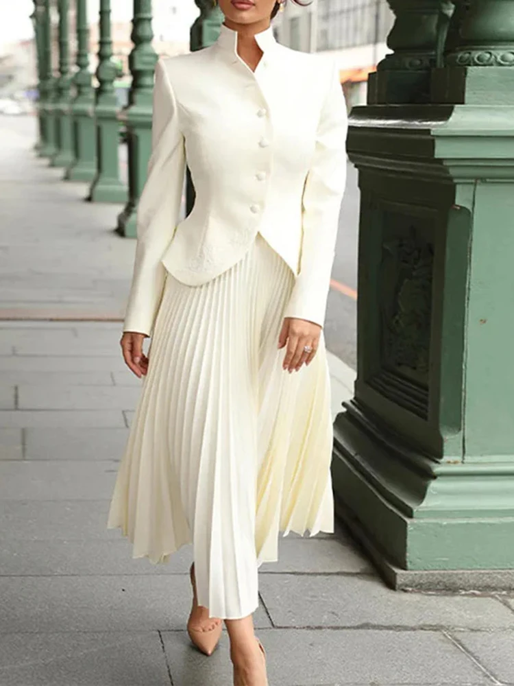 Stand Collar Long Sleeve Spliced Button Tops High Waist Skirt Chic Set