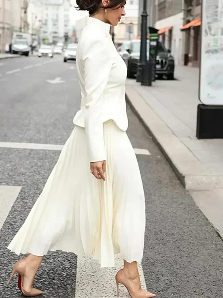 Stand Collar Long Sleeve Spliced Button Tops High Waist Skirt Chic Set - Image 2