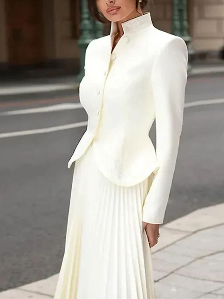 Stand Collar Long Sleeve Spliced Button Tops High Waist Skirt Chic Set - Image 4