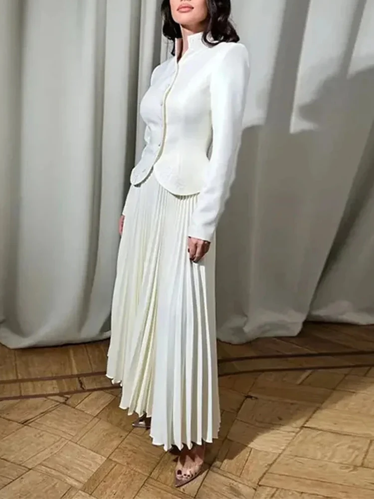 Stand Collar Long Sleeve Spliced Button Tops High Waist Skirt Chic Set - Image 5