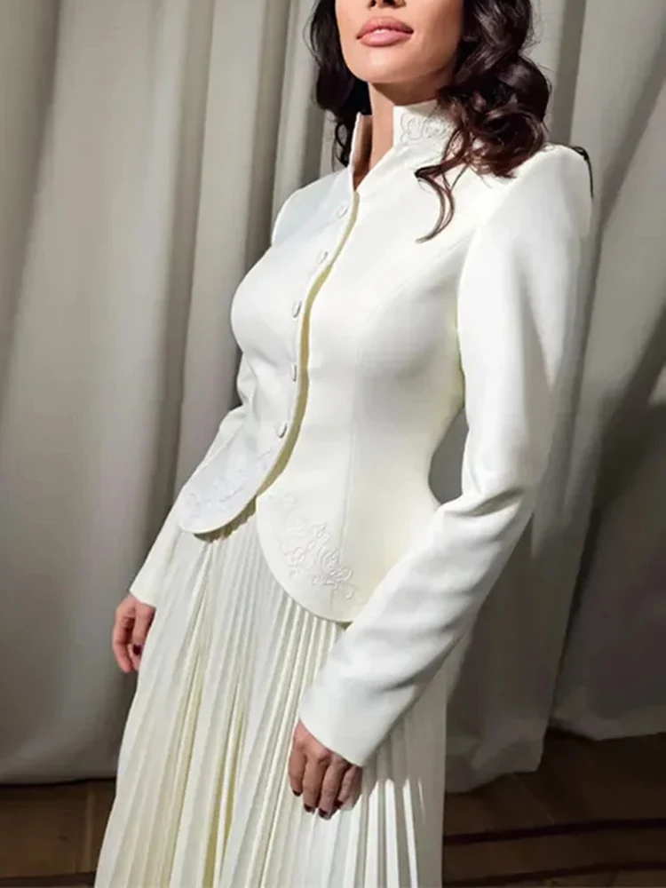 Stand Collar Long Sleeve Spliced Button Tops High Waist Skirt Chic Set - Image 6