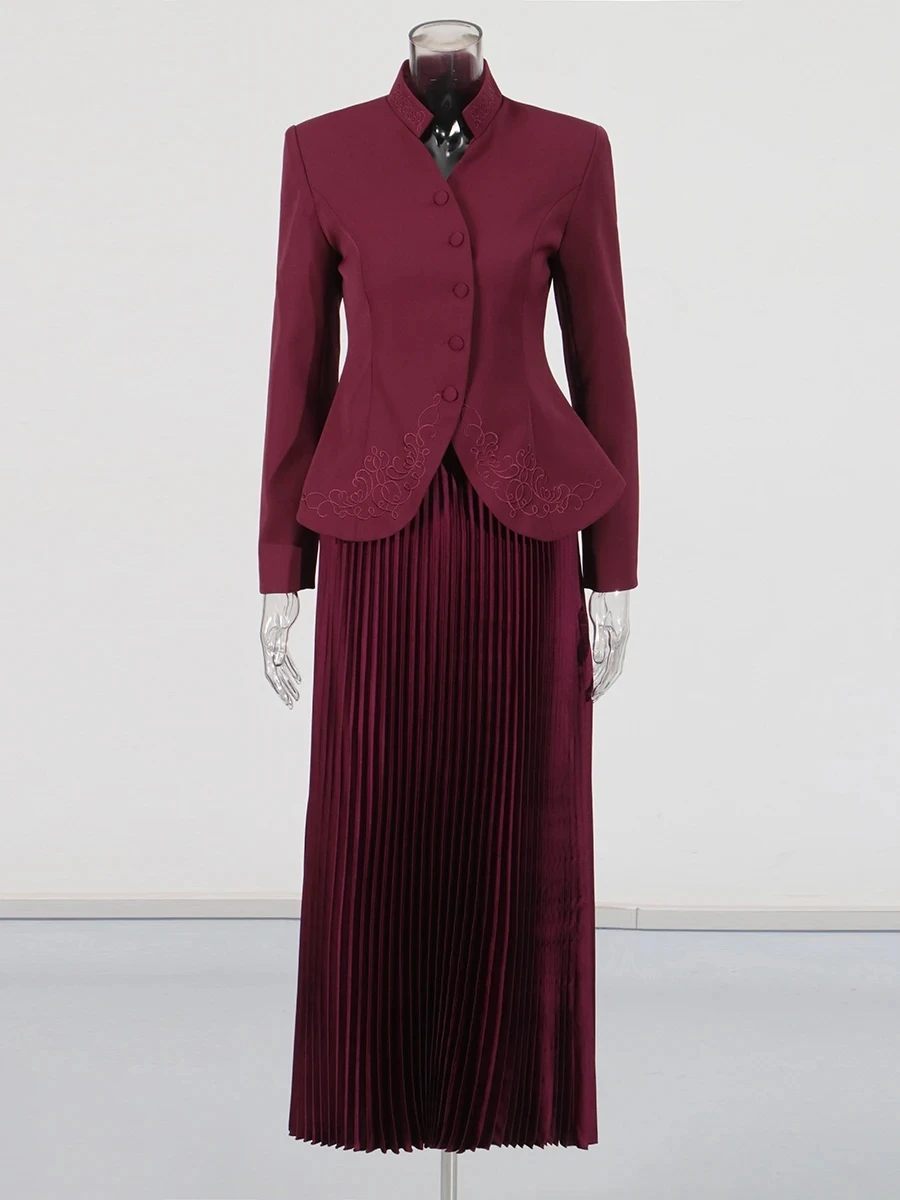 Stand Collar Long Sleeve Spliced Button Tops High Waist Skirt Chic Set - Image 7