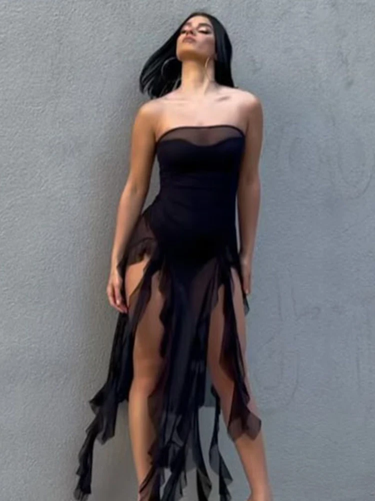 Strapless Mesh Irregular Tassel Sleeveless Tight Hipster Midnight Beach Vacation Body Tops - Image 3